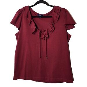 Chaps Deep Burgundy Ruffle Neck Tie Brass Bead Flutter‎ Sleeves Top Stretch XL